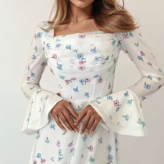 Summer Women Clothing Elegant Floral Pleated Fairy Fitted Waist Flare Sleeve Women Floating Dress