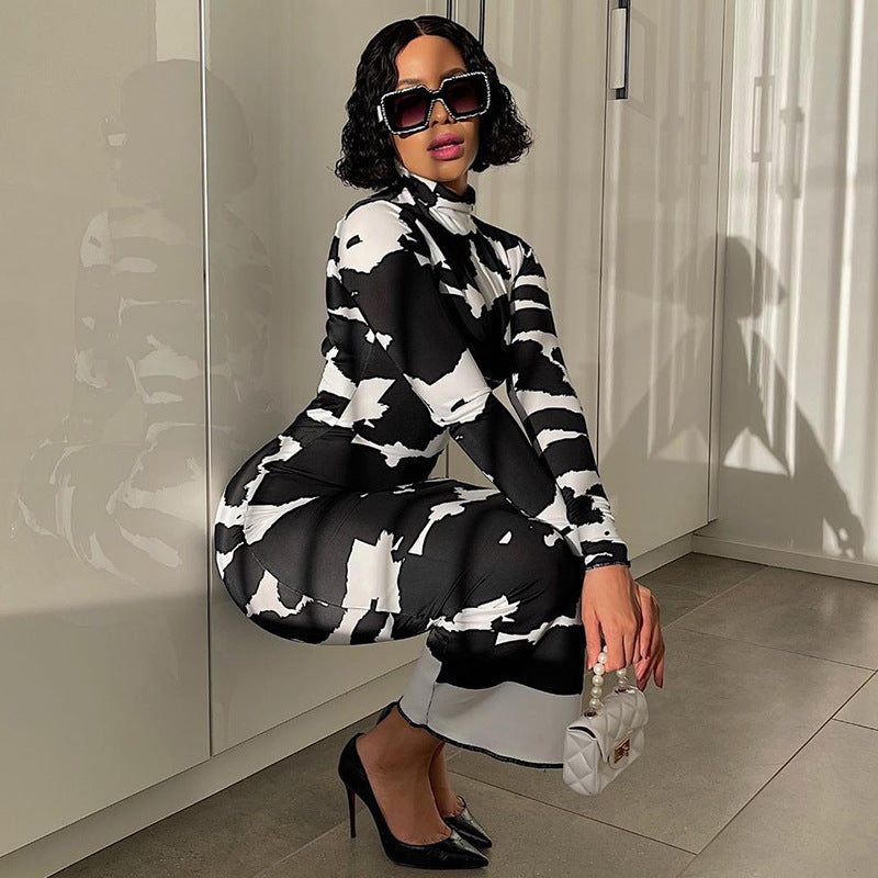 Women Clothing Spring Autumn Printed Turtleneck Long Sleeve Slim Slimming Dress