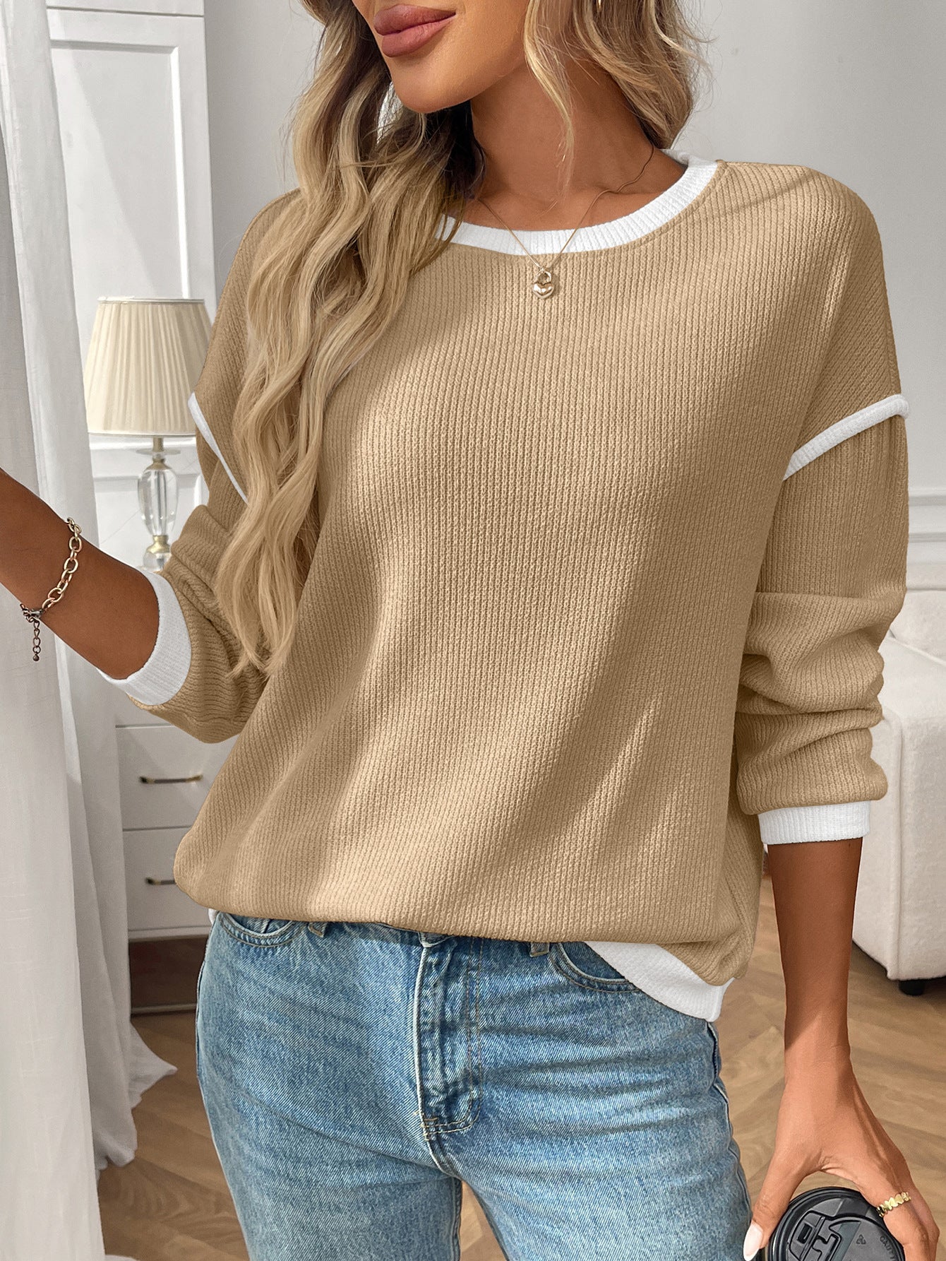 Autumn Winter Women Clothing round Neck Imitation Sweater Long Sleeve Loose Multicolor Top