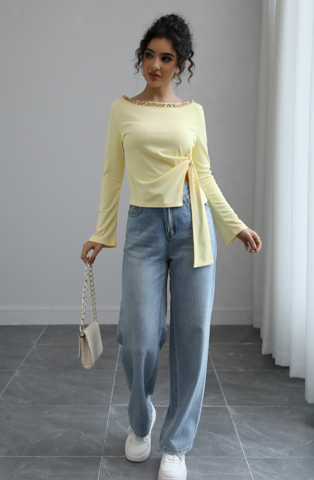 Women Clothing Autumn Sequ Slim Fit Slimming Lace up Irregular Asymmetric Top Casual T shirt