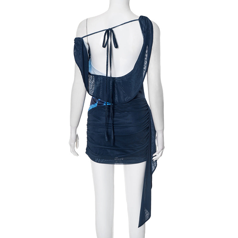 Summer Sexy Backless Swing Collar Printed Side Streamer Sheath Dress
