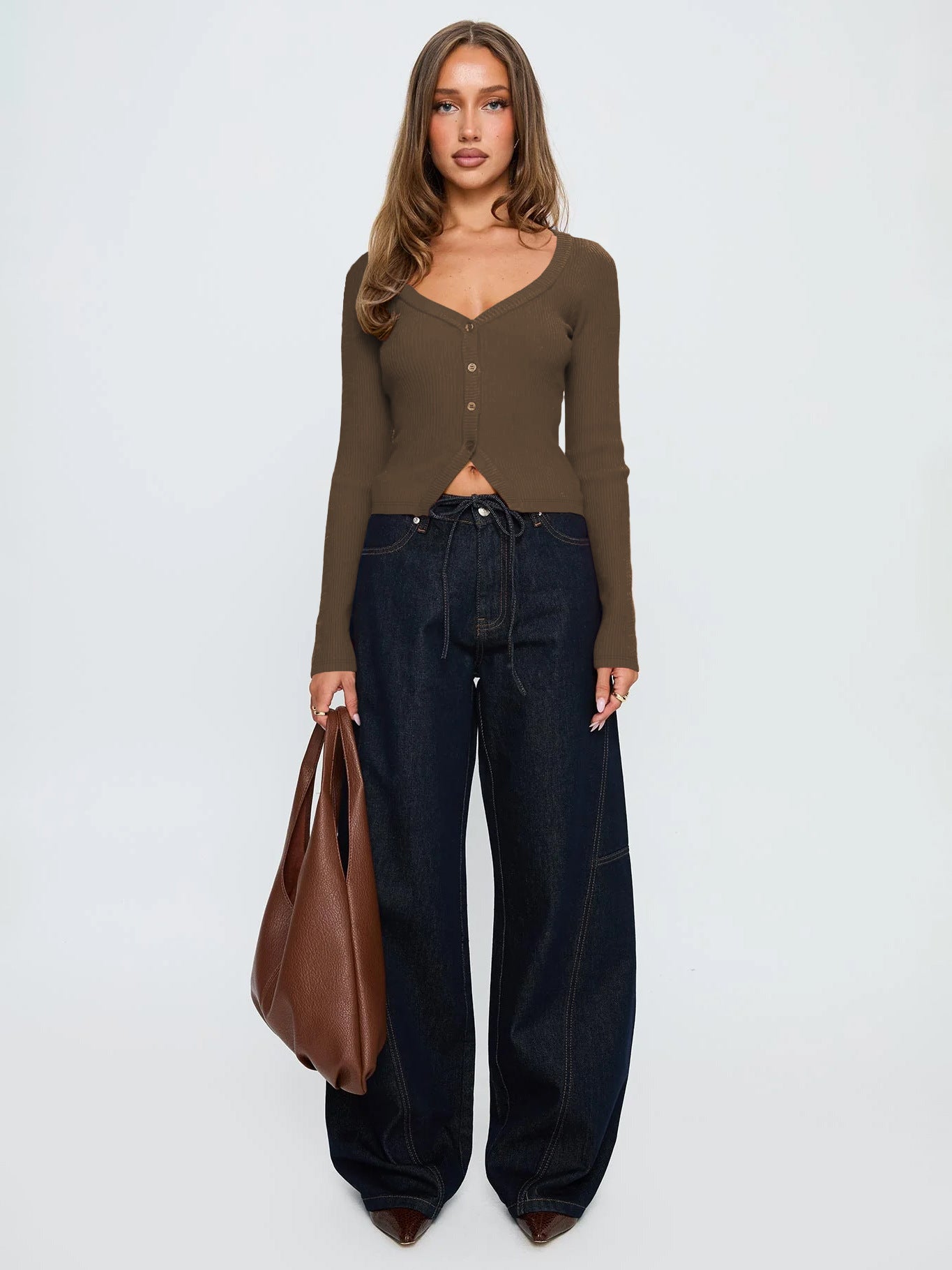 Women Fall Winter V neck Long Sleeve Ribbed Button Cardigan Slim Fit