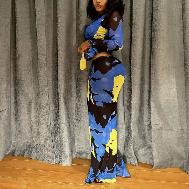 Summer Printing Round Neck Long Sleeves Cropped Top Slim Fit Sheath Skirt Set Women