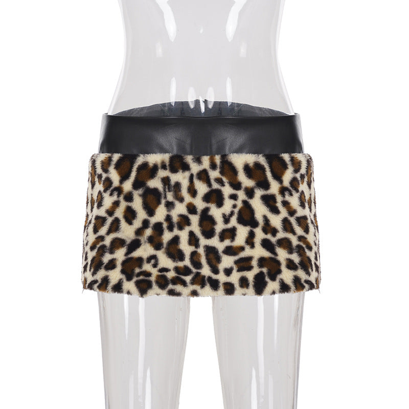 Women Clothing Two Piece Sets Leopard Fur Stitching Leather Tube Top Sexy Hip Skirt Two Piece Sets