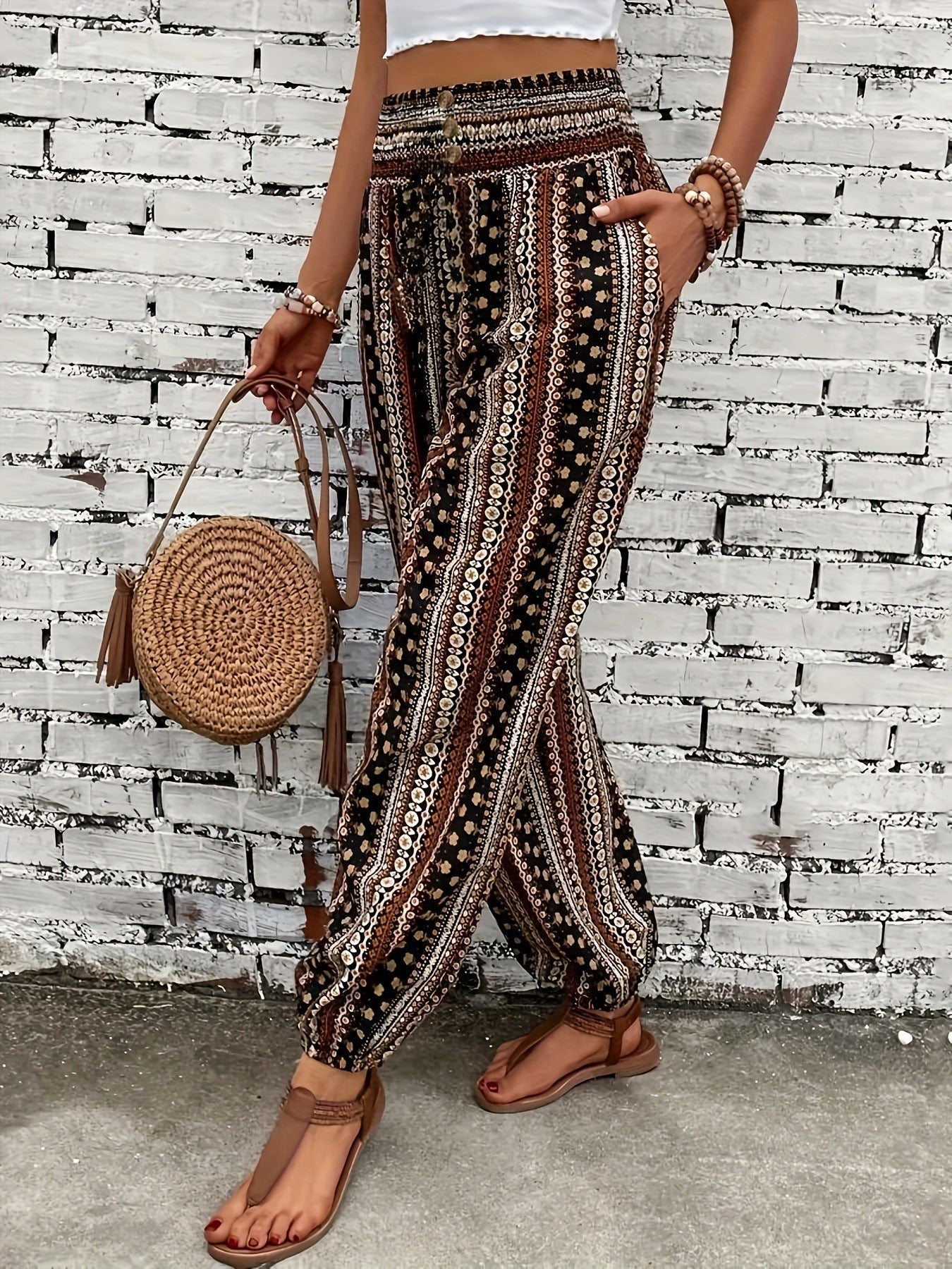 Spring Summer Women Clothing Bohemian Ethnic Print Loose Slimming Draping Effect Elastic Waist Ankle Tied Casual Pants