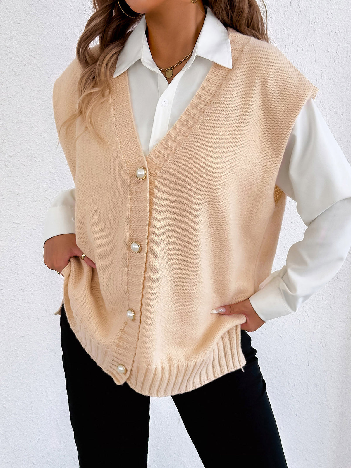 Women Top Autumn Winter Vest Women Clothing Pearl Buckle Loose Casual Cardigan Sweater Vest