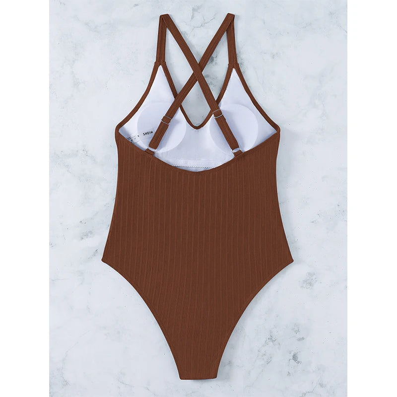 V-Neck One Piece Swimsuit Women Sexy Solid Bathing Suits High Cut Swimwear