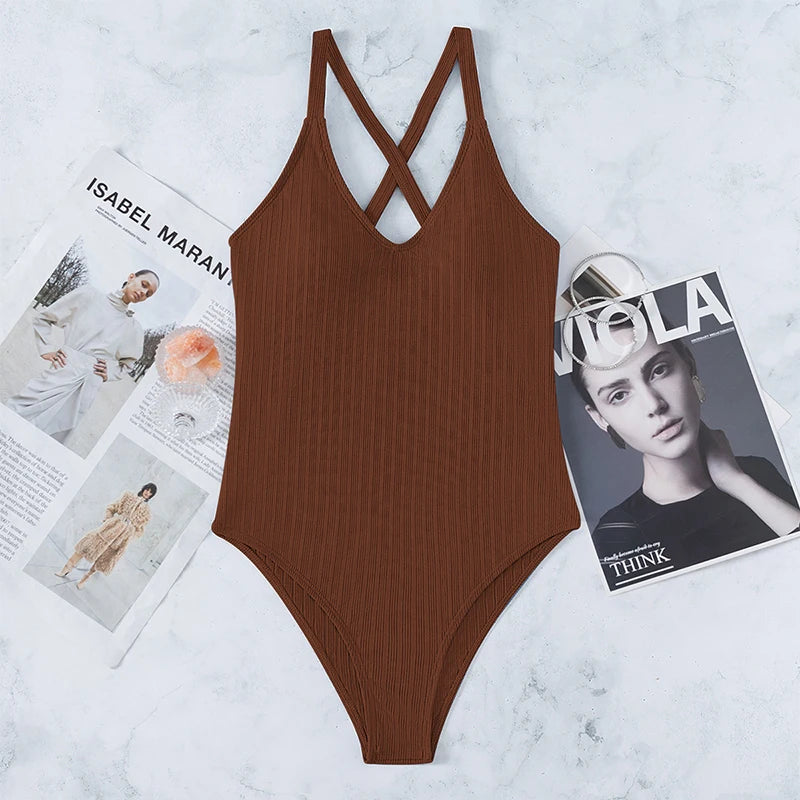 V-Neck One Piece Swimsuit Women Sexy Solid Bathing Suits High Cut Swimwear